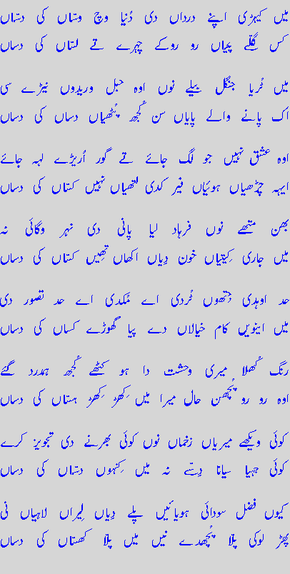 Pir Fazal Hussain Gujrati’s poem - mein kaihRi apnay darda`n dee duniya wich waSSa`n ki daSSa`n?